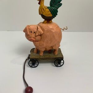 Vintage David Frykman Wooden Pig and Rooster‎ Pull Toy Collectable